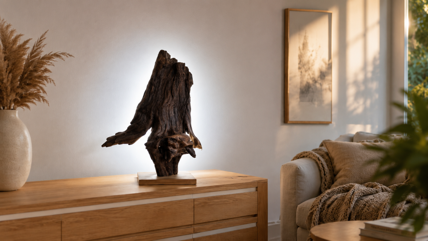 Lampe en bois flotté éclairée dans un intérieur naturel et lumineux