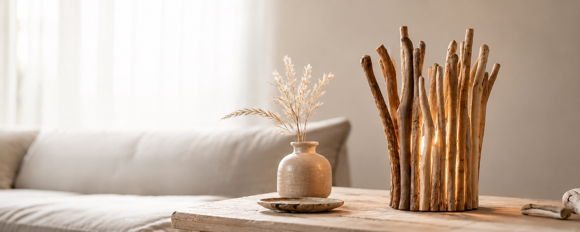 Lampe artisanale en bois flotté sur une table en bois dans un salon naturel