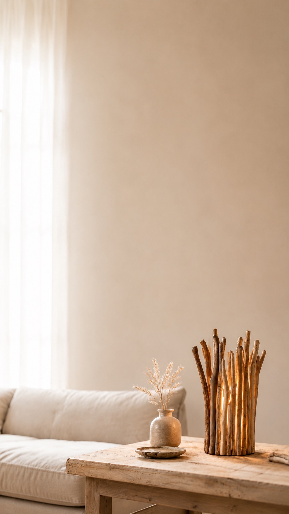 Lampe artisanale en bois flotté sur une table en bois dans un salon naturel