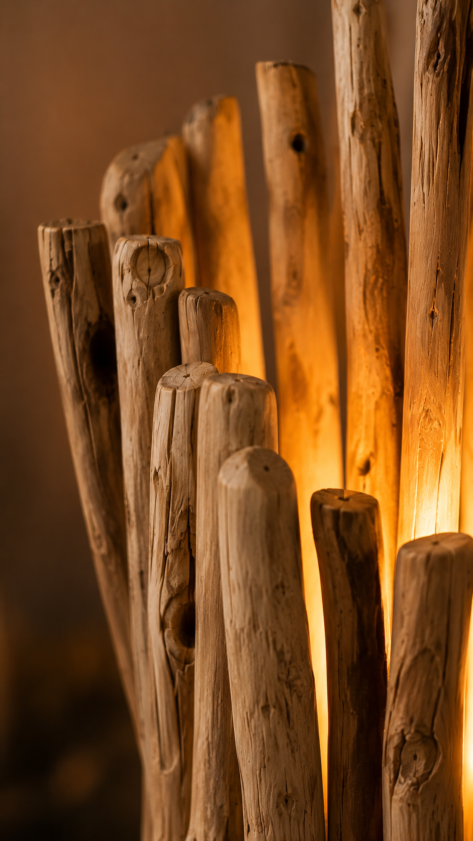 Détail du bois flotté éclairé sur une lampe artisanale