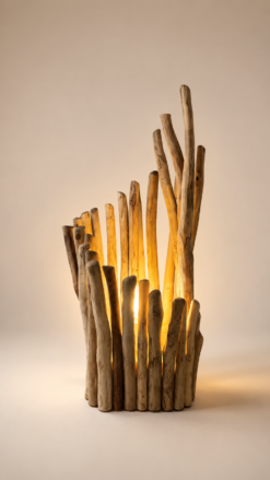 Lampe en bois flotté design allumée sur fond beige