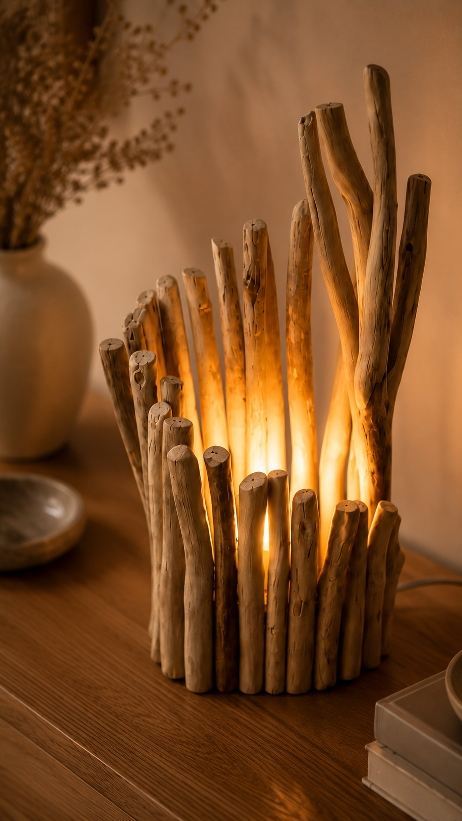 Lampe en bois flotté Vague de Nature allumée dans un salon chaleureux
