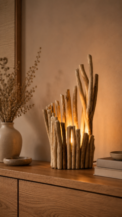 Lampe en bois flotté artisanale sur un buffet dans une décoration chaleureuse.
