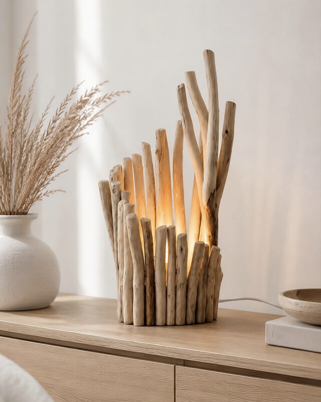 Lampe en bois flotté éclairée de l’intérieur, posée sur un meuble en bois clair dans un intérieur naturel et lumineux