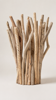 Lampe de table artisanale en bois flotté éteinte sur fond beige