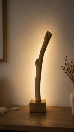 Lampe branche en bois flotté Lueur des Dunes allumée