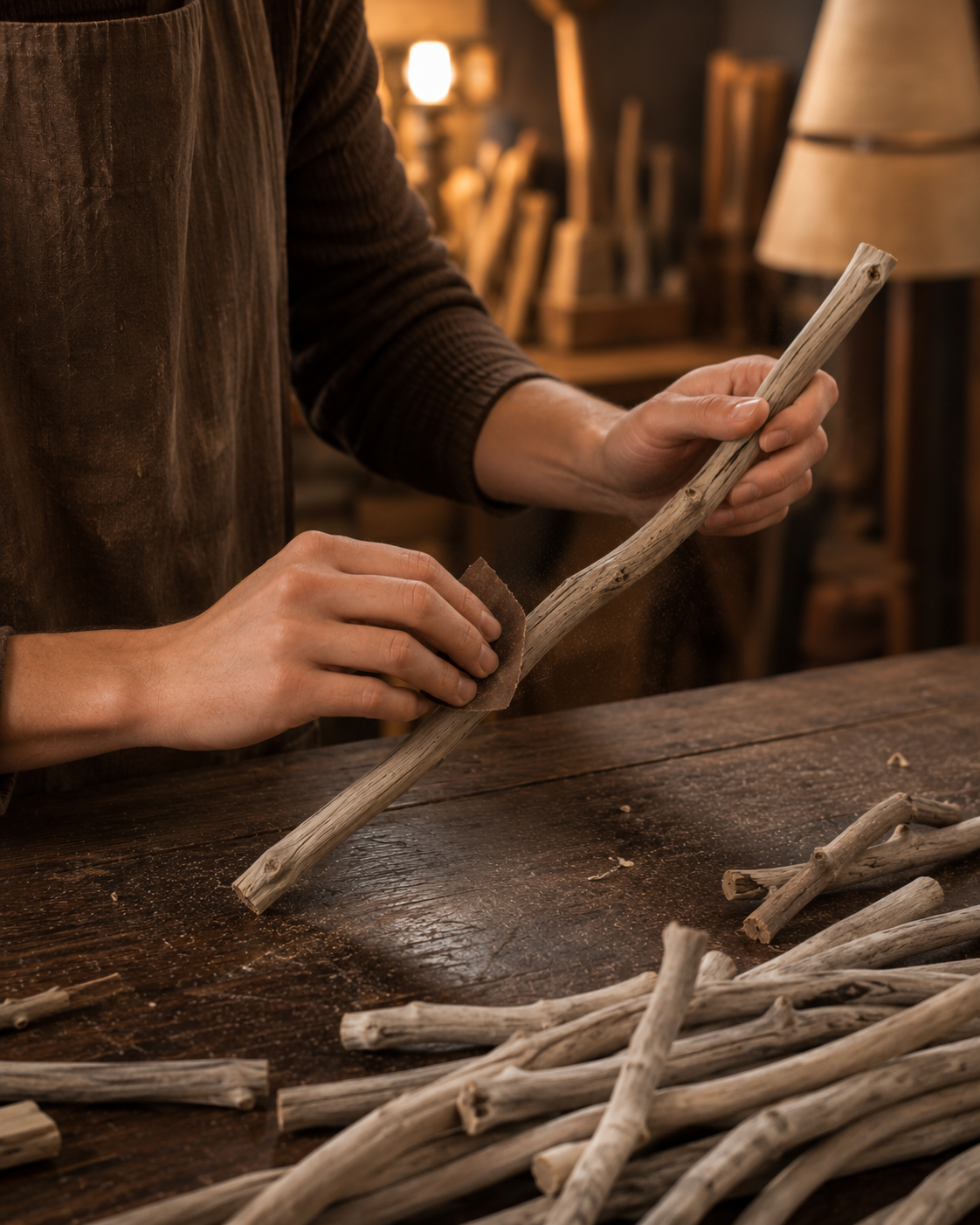 Artisan créateur dans les Landes ponçant une branche de bois flotté à la main