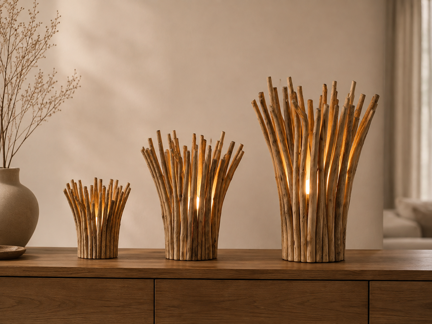 Trois lampes artisanales en bois flotté de tailles S, M et L