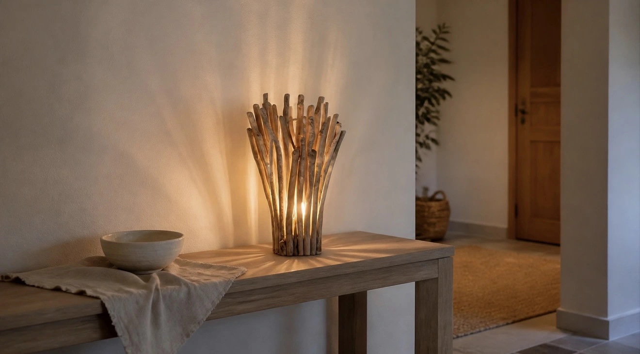 Lampe artisanale en bois flotté placée sur une console