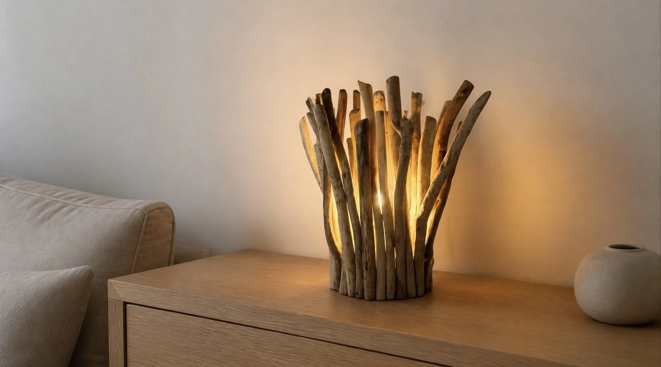 Lampe artisanale en bois flotté posée dans un salon