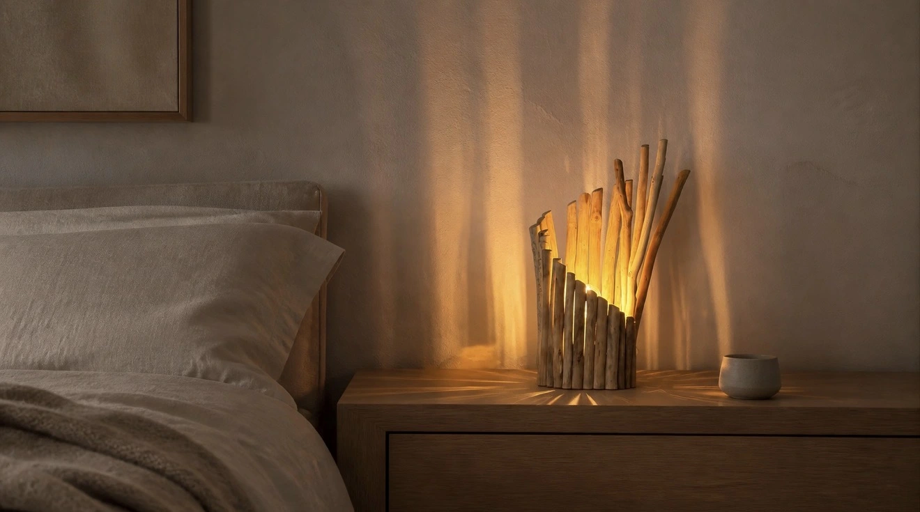 Lampe artisanale en bois flotté posée sur une table de chevet