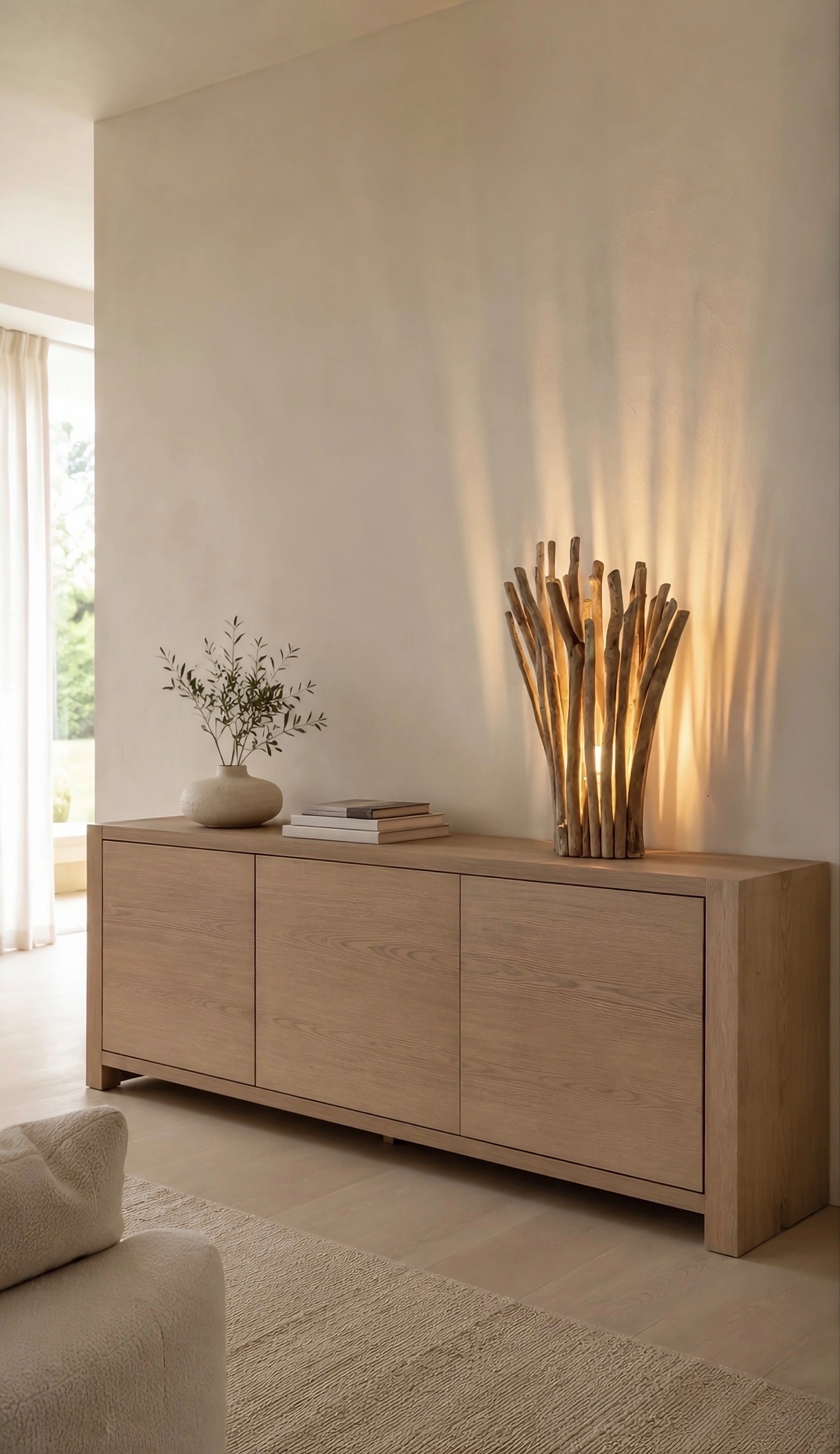 Grande lampe en bois flotté taille L dans un salon lumineux