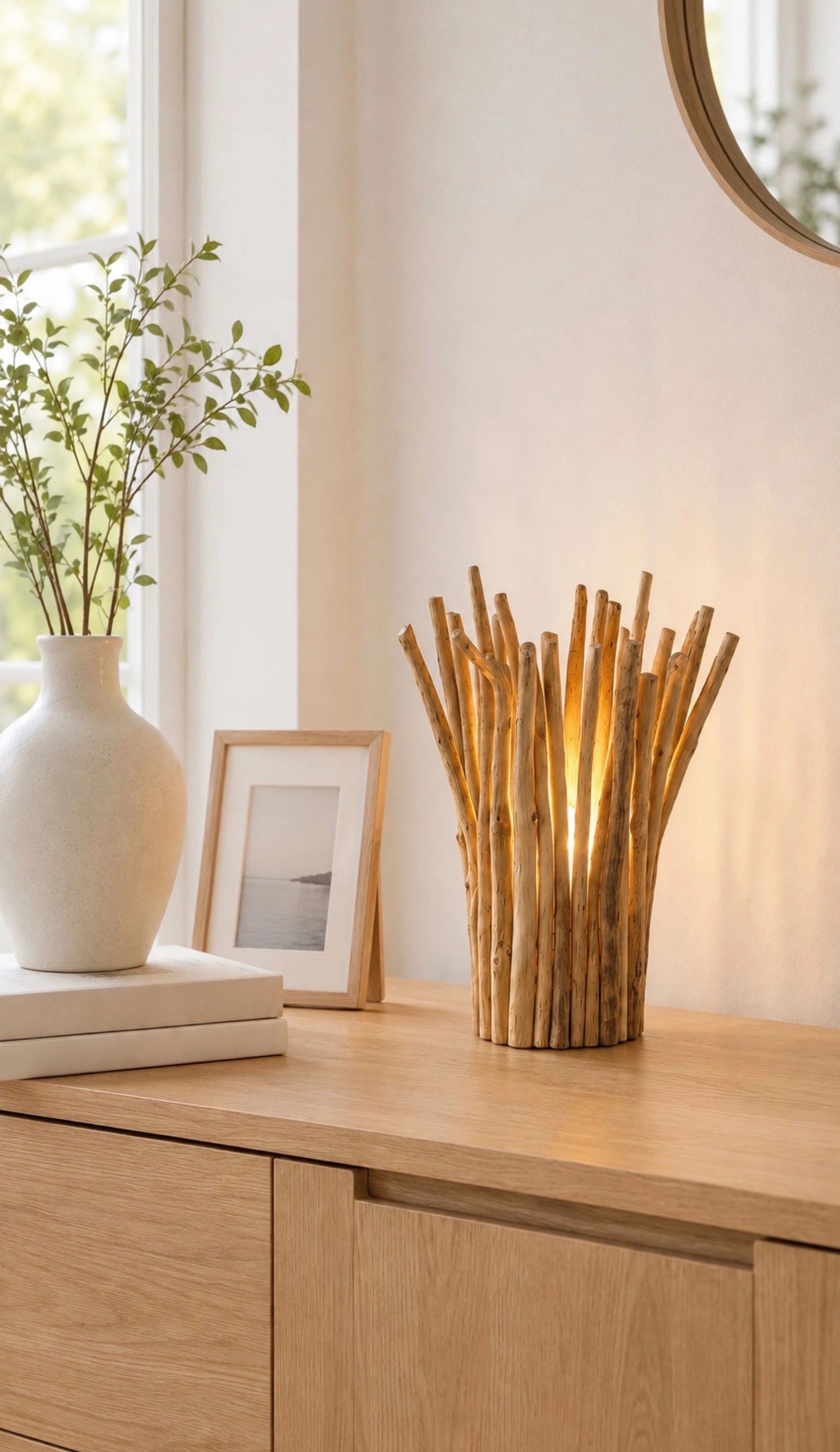 Lampe en bois flotté taille M mise en valeur sur un buffet