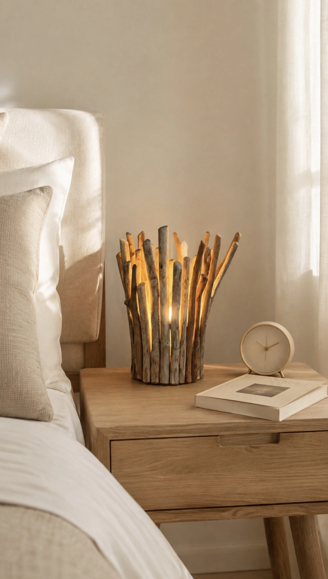 Lampe en bois flotté taille S posée sur une table de chevet