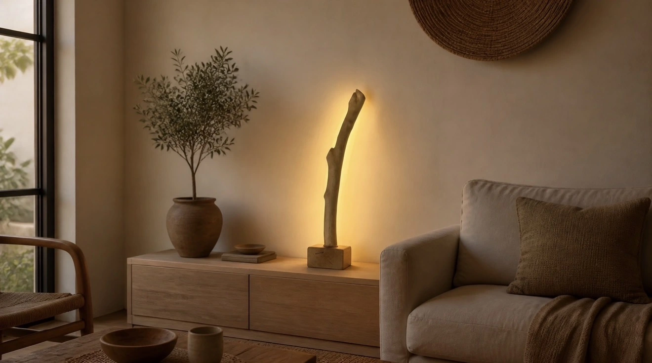 Lampe branche en bois diffusant une lumière chaude dans un salon